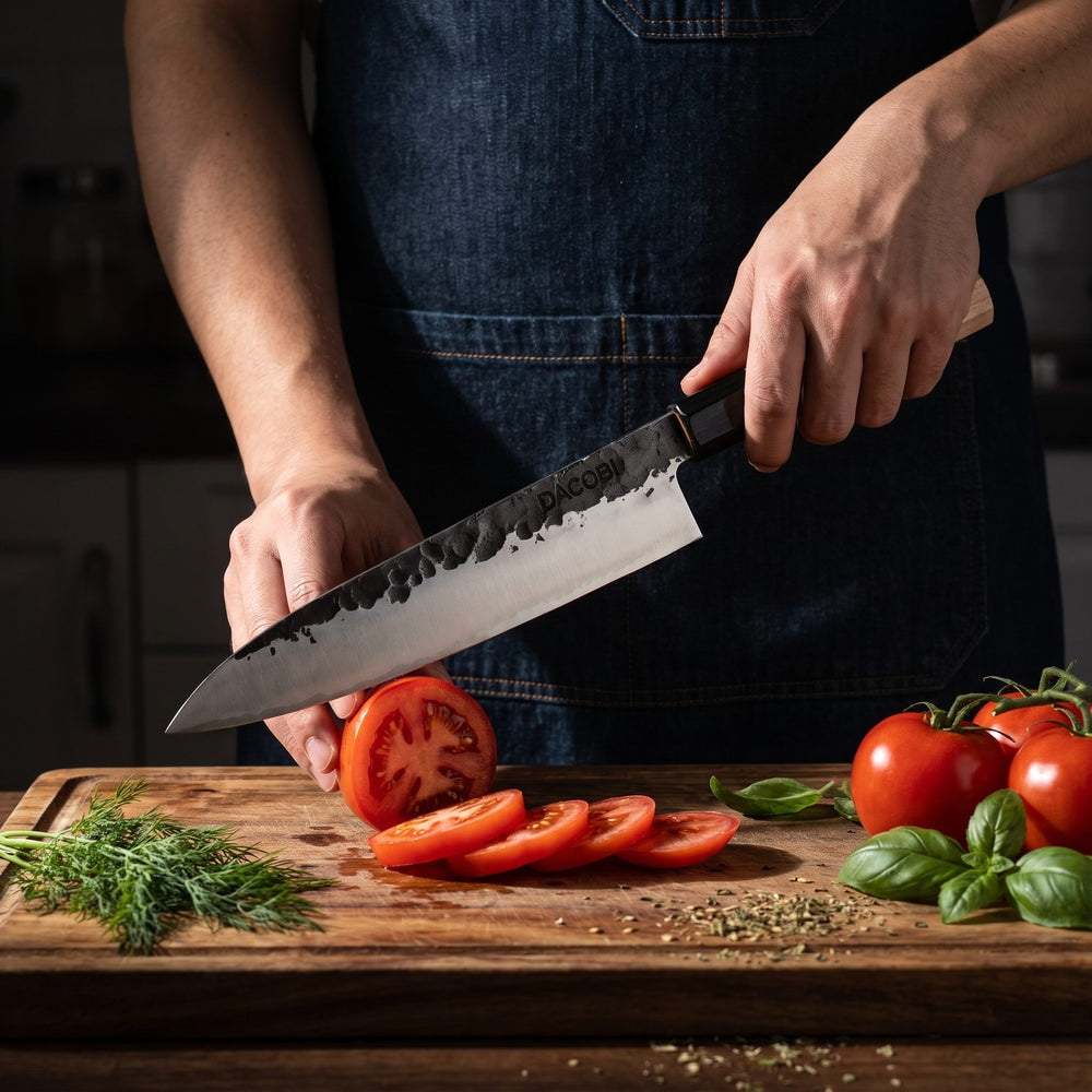 Професионален нож Gyuto Tsuchime в употреба в кухнята