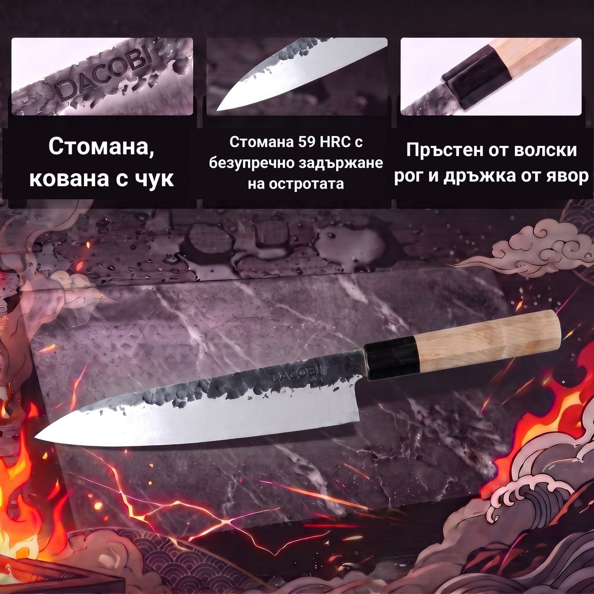 Инфографика с характеристиките на нож Gyuto Tsuchime
