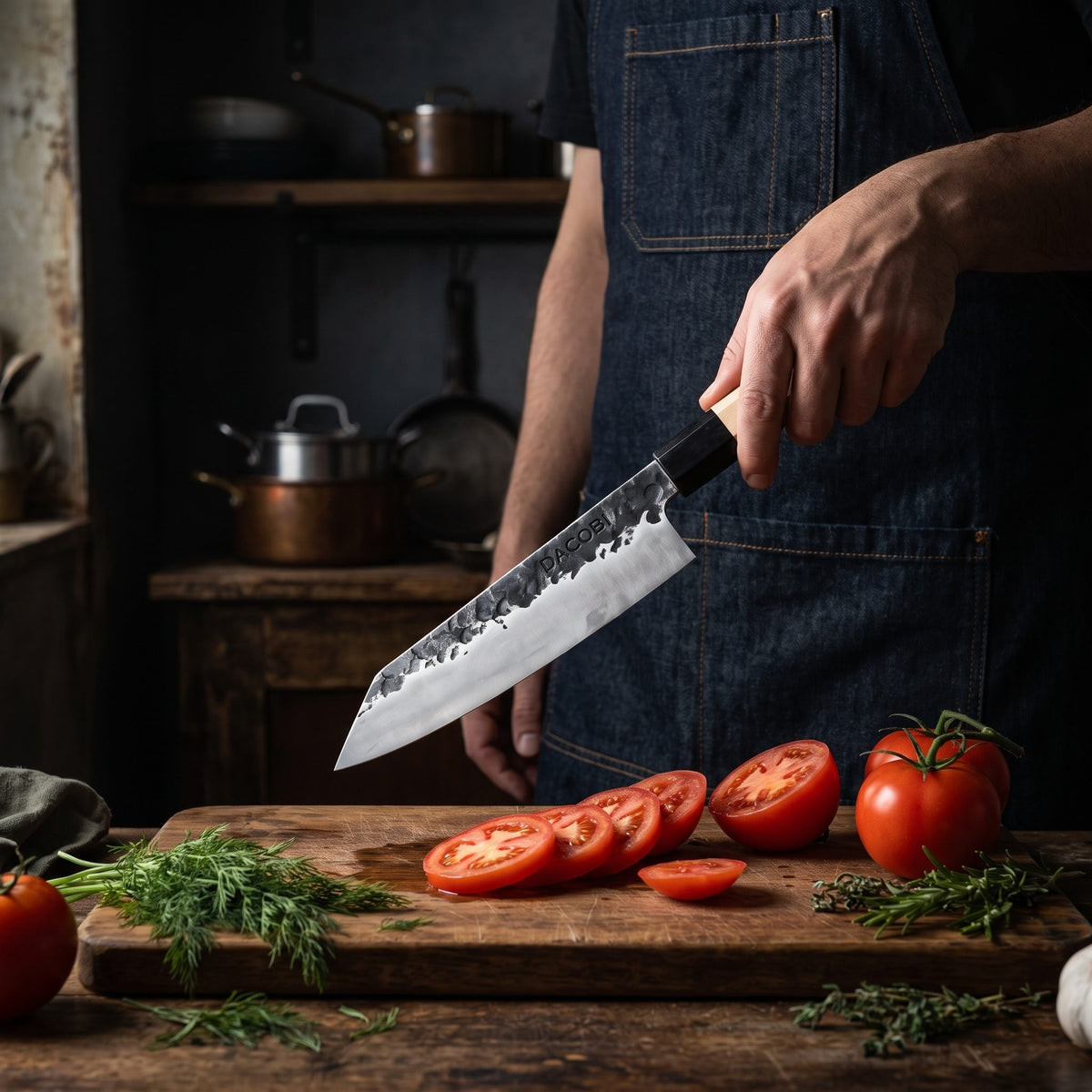 Професионален нож Kiritsuke Tsuchime в употреба в кухнята